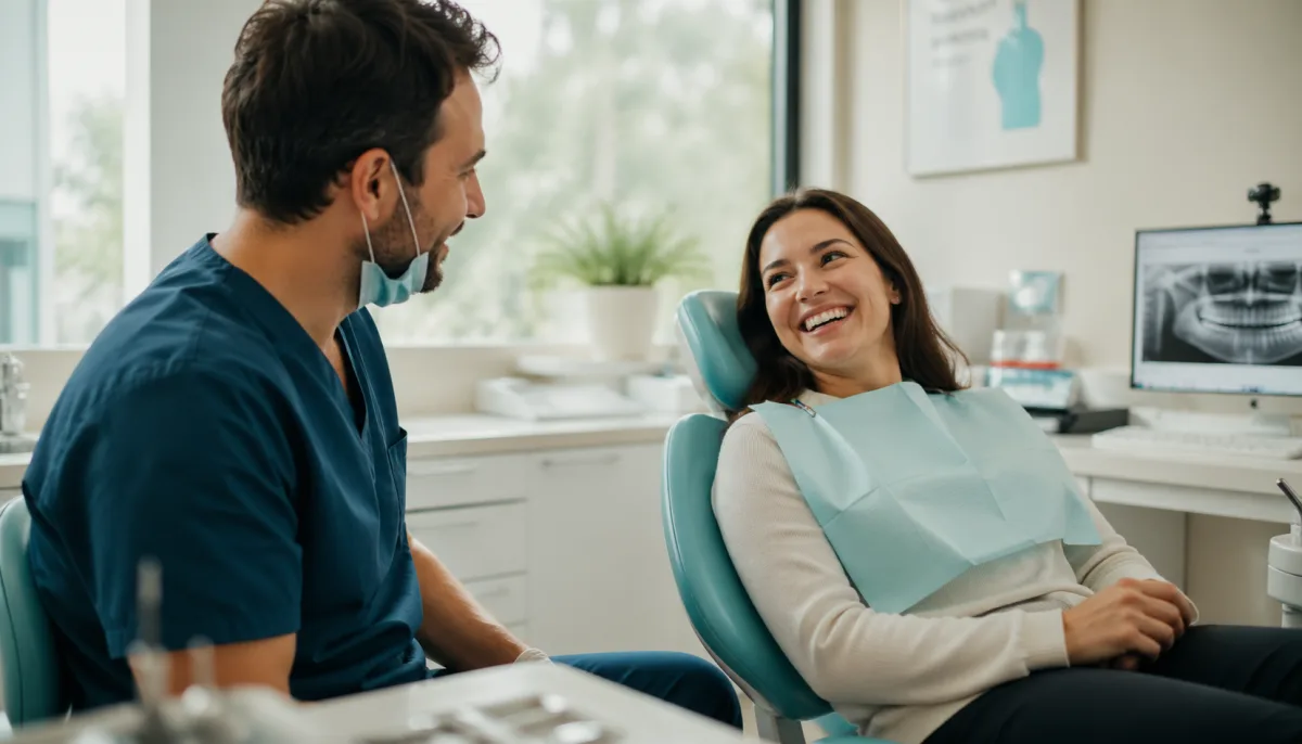 Friendly dentist speaking with a smiling patient at Advance Dental Care